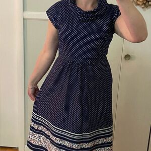 Vintage Blue and White Midi Dress with Cowl Neck